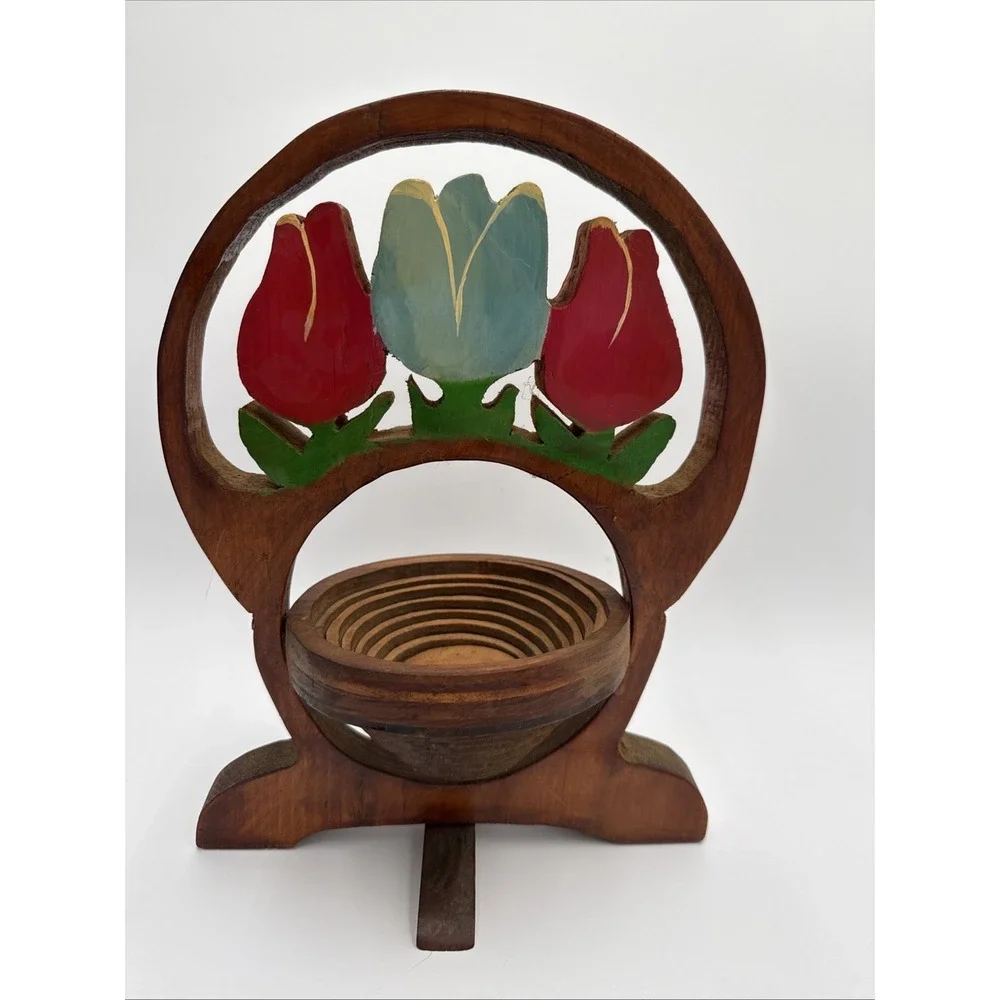 Vintage Spiral Cut Collapsible Wooden‎ Basket Floral Rose Tulip Handmade